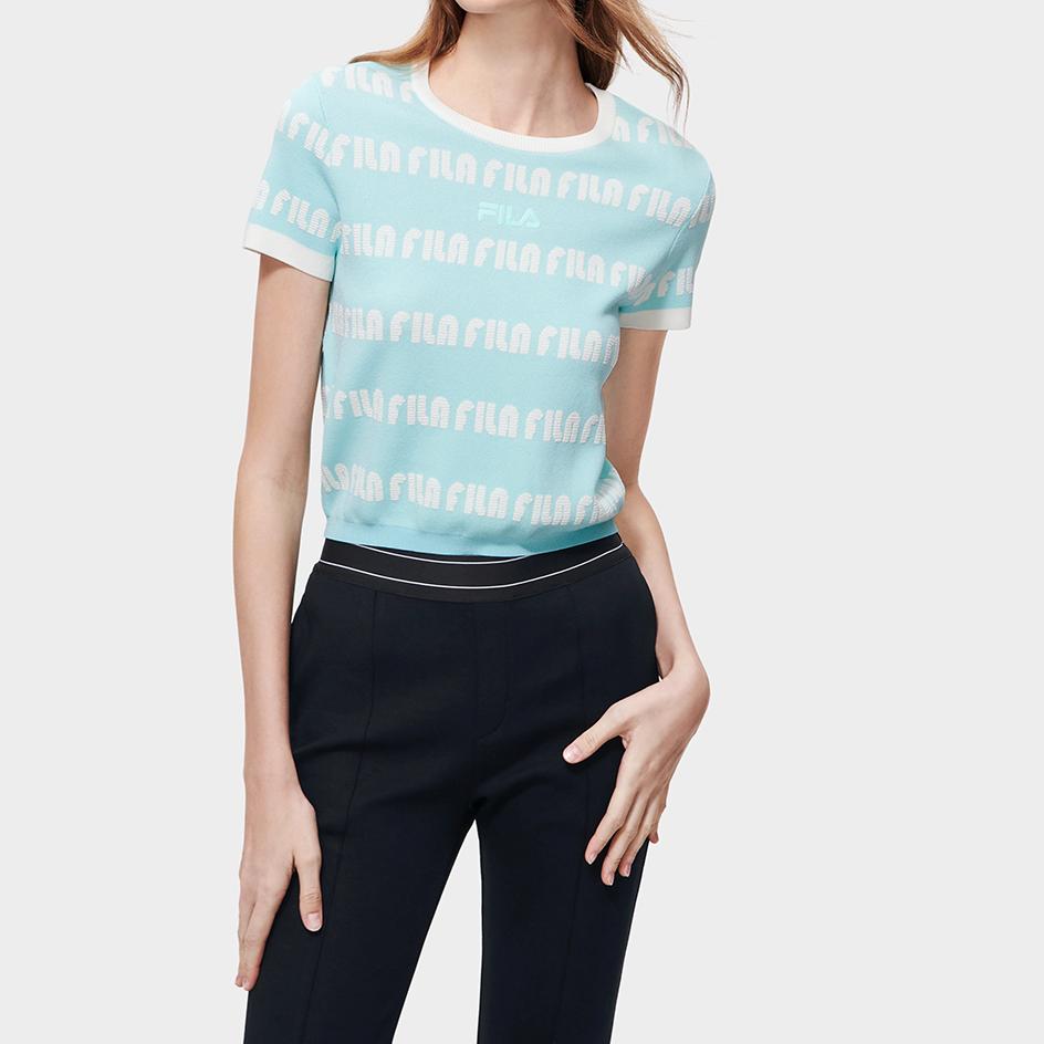 Fila Logo All Over Print Crew Neck Short Sleeve T-Shirt Women T-Shirts Light-Green F11W319404F-TQ