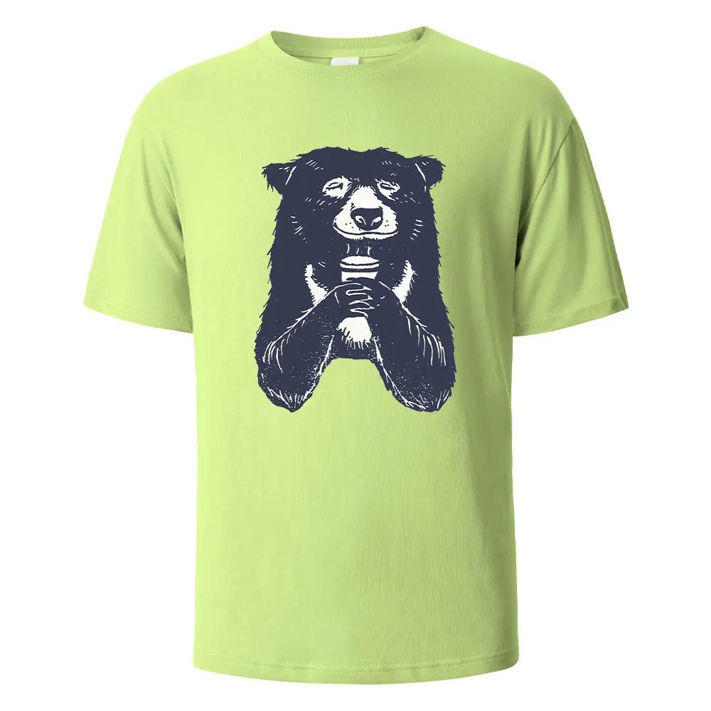 T-shirt à Imprimé Ours Buvant T-shirts d'Été Pour Hommes Femmes 100% Coton Col Rond Surdimensionné Décontracté Manches Courtes Streetwear Haut Basique