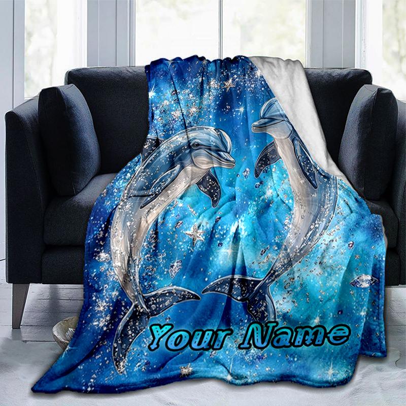 1PC Custom Name Dolphins Starry Sky Flannel Blanket Versatile,all-season Throw Suitable for the Living Room,bedroom,camping,travel,and Gift