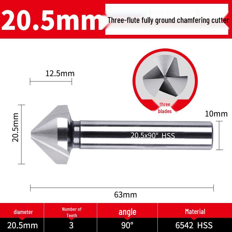 Straight Shank Single-Edge 3-Flute 45° Chamfering & Deburring Countersink Drill Bit, 90° Inner Hole Trimmer