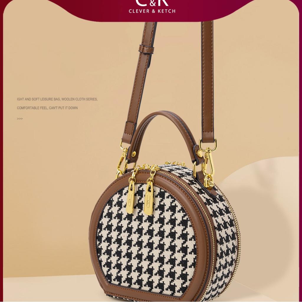 Fashion Niche Light Luxury One-shoulder Crossbody Bag Thousand Birds Check Small Round Bag Length 13cm Wide 8.5cm High 17cm