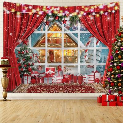 Christmas Day Party Decoration Tapestry Window Snow Scene Christmas Tree Santa Claus Photography Background Cloth