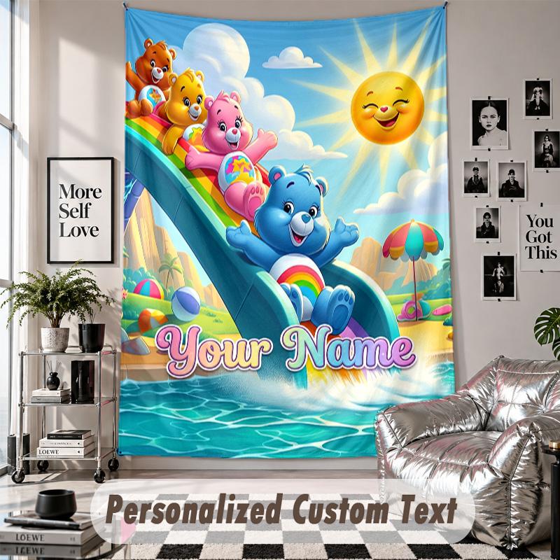 Wall Hanging Tapestry With Custom Name & Text, Care Bears Decorative Tapestry For Bedroom