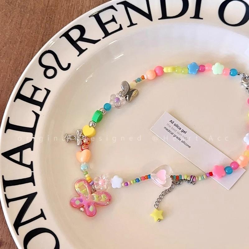 

Summer dopamine! Colored love butterfly beaded necklace women s new trendy collarbone chain sweet girl neck chain