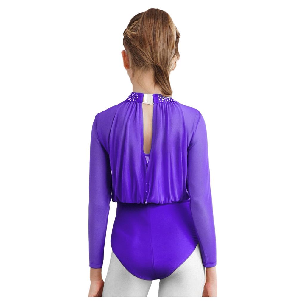 Mädchen Langarm Eiskunstlauf Trikot Modernes Tanzkostüm Schlüsselloch-Rücken Design Pailletten Strass Outfit