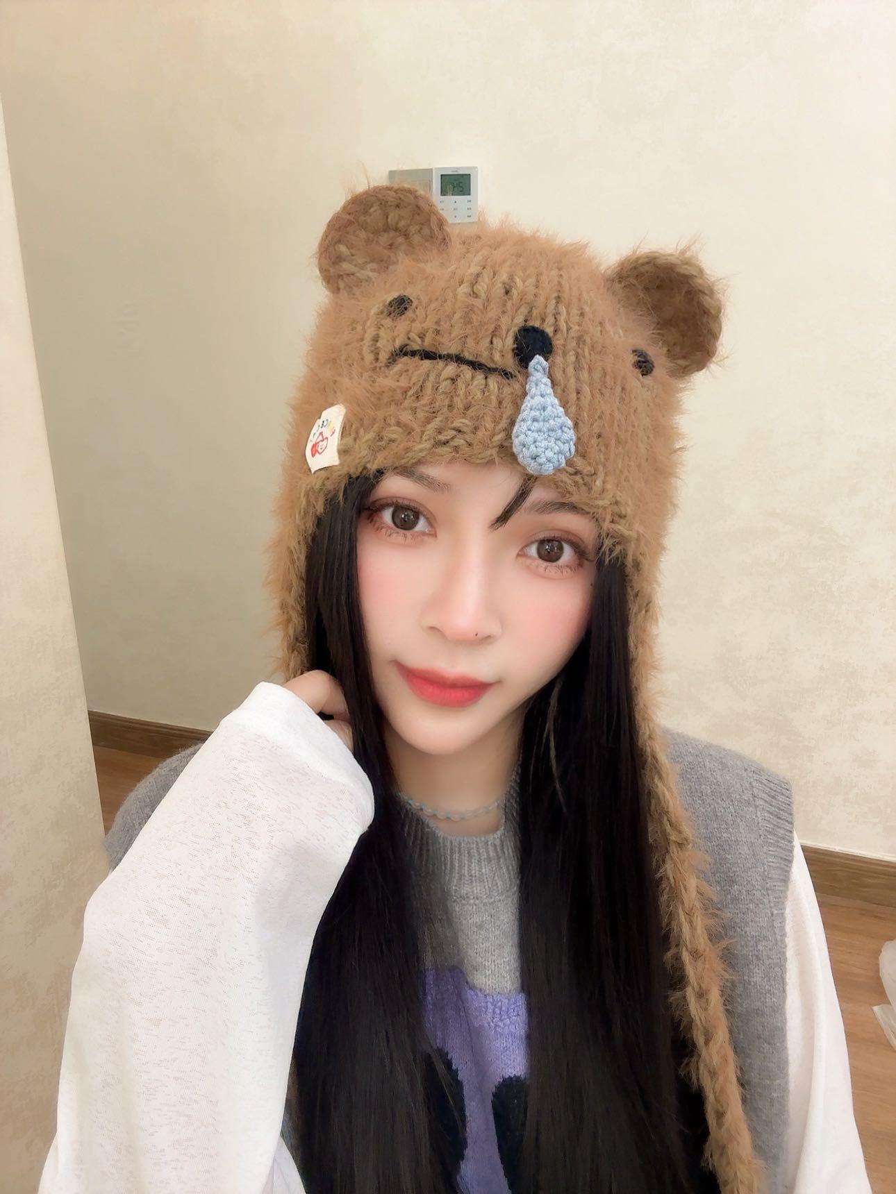 

Вязаная шерстяная шапка с медвежьими ушками и защитой ушей для родителей и детей, сезон осень-зима 2025 One Size