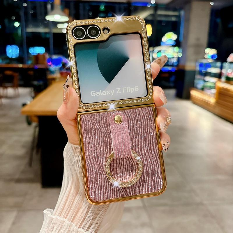 Glitter Diamond Frame Plating 2pcs Phone Case For Samsung Galaxy Z Flip6 Flip5 Flip4 Flip3 Luxury Leather Shockproof Metal Ring Hard PC Folding Cover