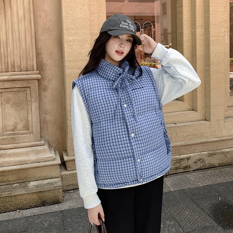 Winter loose stand-up collar blue plaid zipper clip cotton thickened sleeveless cotton jacket vest jacket