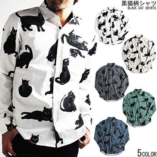 Quintet Black Cat Print Long Sleeve Made in Size White Men's Shirt, Casual, Japan, XL, (Product Code 01-78737)