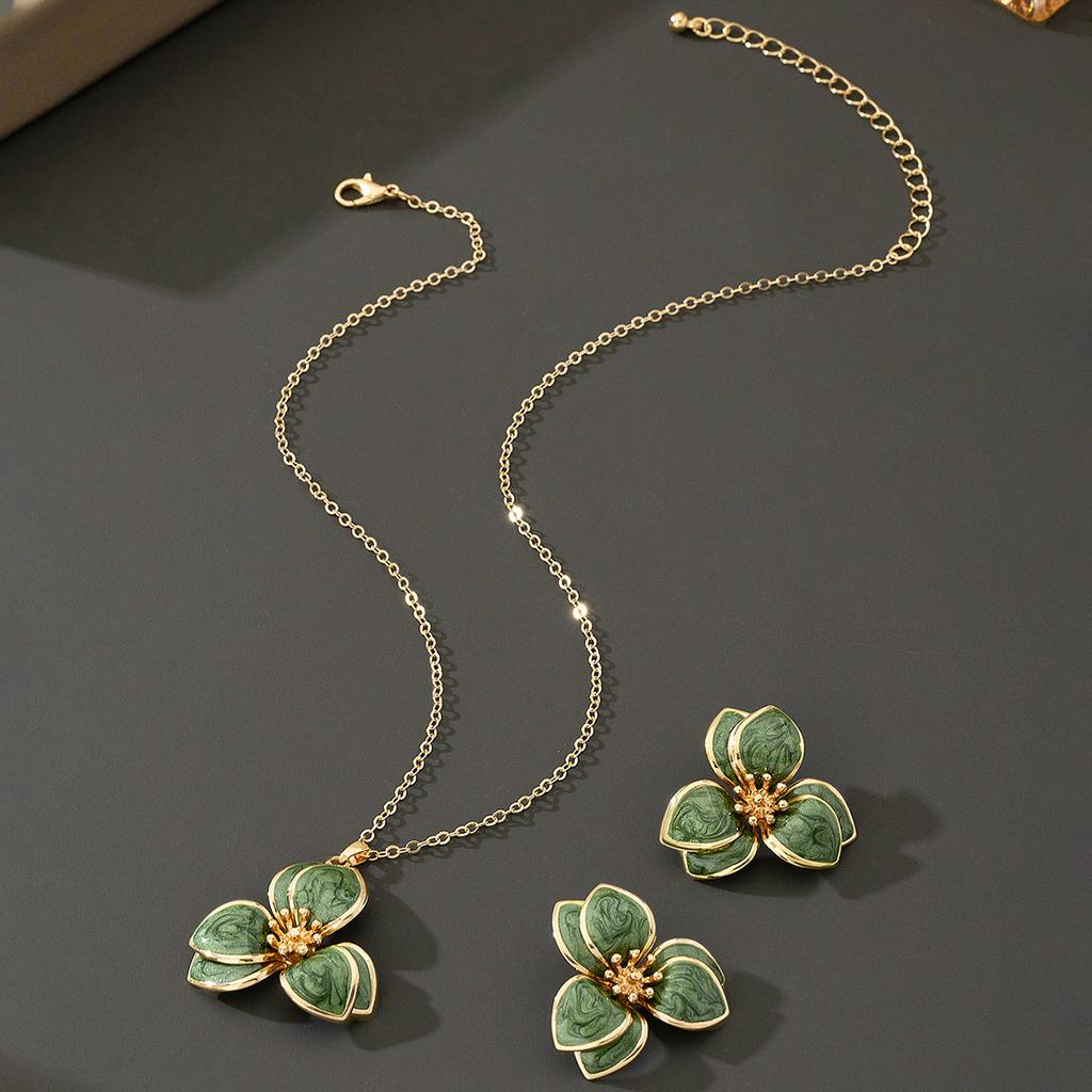 Simple Oil-Infused Flower Earrings And Necklace Set - Casual Jewelry Set For Women
