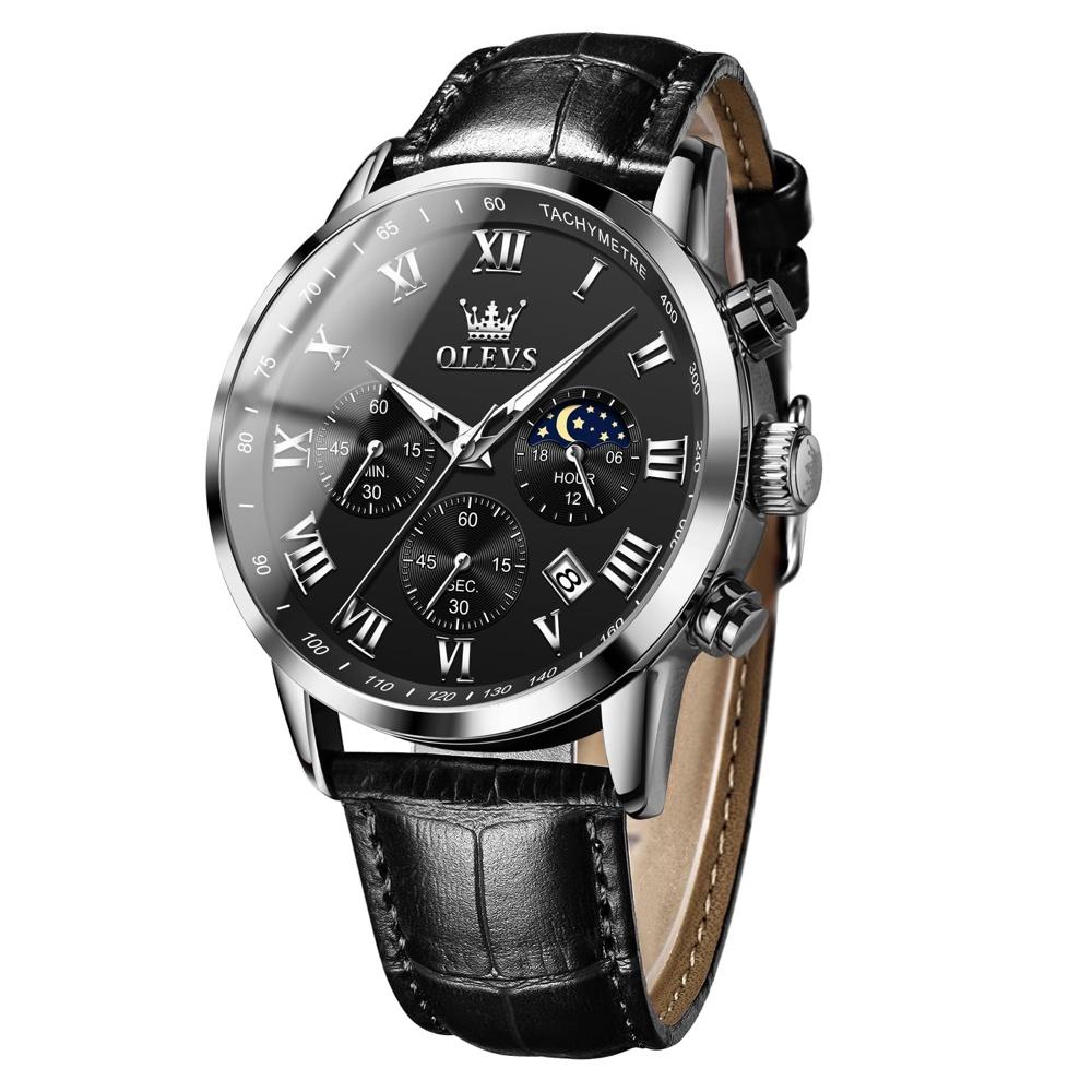 Men s Watch, Black, Stylish, Waterproof, Luminous Cool, Black Leather Strap, Analog Quartz, Business Arm Watch for Men, Popular Fashion, Roman OLEVS