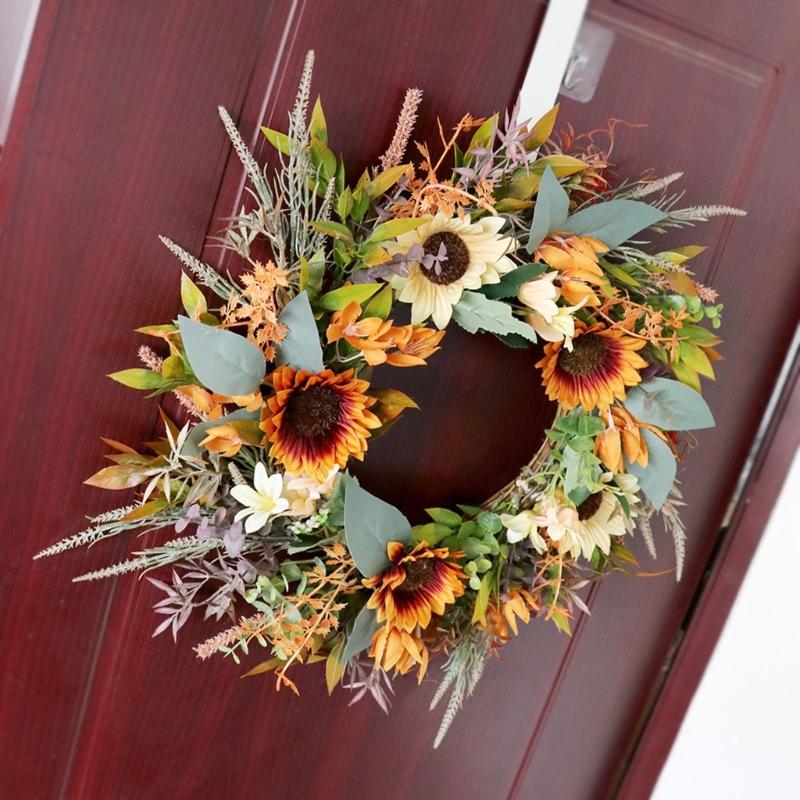 Artificial Sunflowers Wreath Handmade Decorative Garlands for Home Decoration Elegant Faux Florals Hanging Ornament