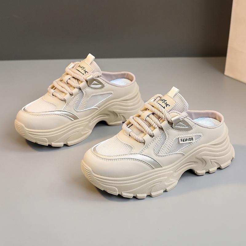 Qrj12 New Semi Slipper Women's Shoes Thick Bottom  Summer Slippers Slim Fit Hight Increasing Board Shoes All-Match White Shoes All-Matching