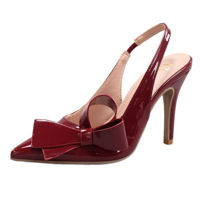 Bow high-heeled sandals glossy PU elegant sexy pointed wedding banquet with sandals customized
