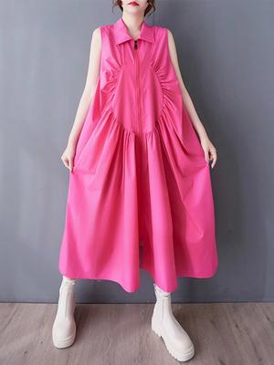 Zipper Pleated Lapel Dress GYX1549