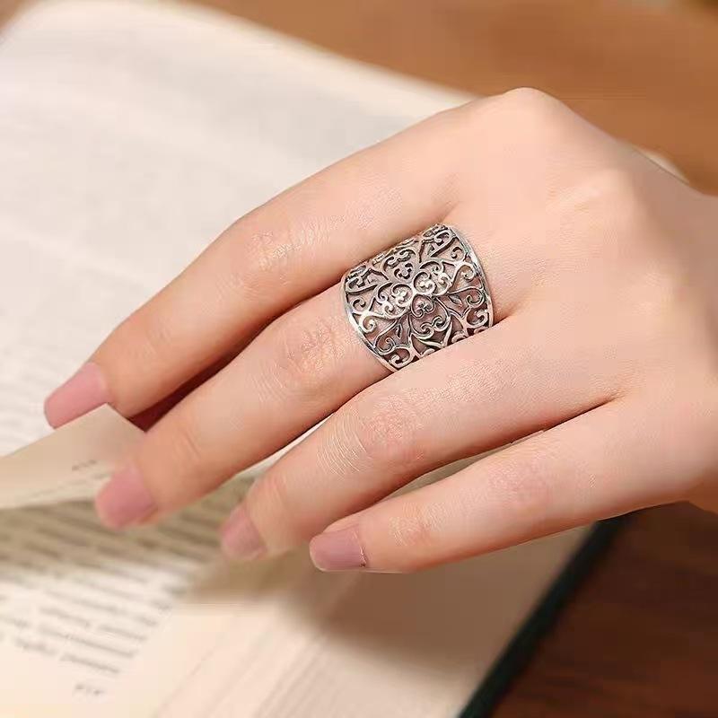 1Pcs Geometric Fine Jewelry Finger Adjustable Retro Flower Hollow Ring For Party Birthday Gift Gold/Silver Rings For Women