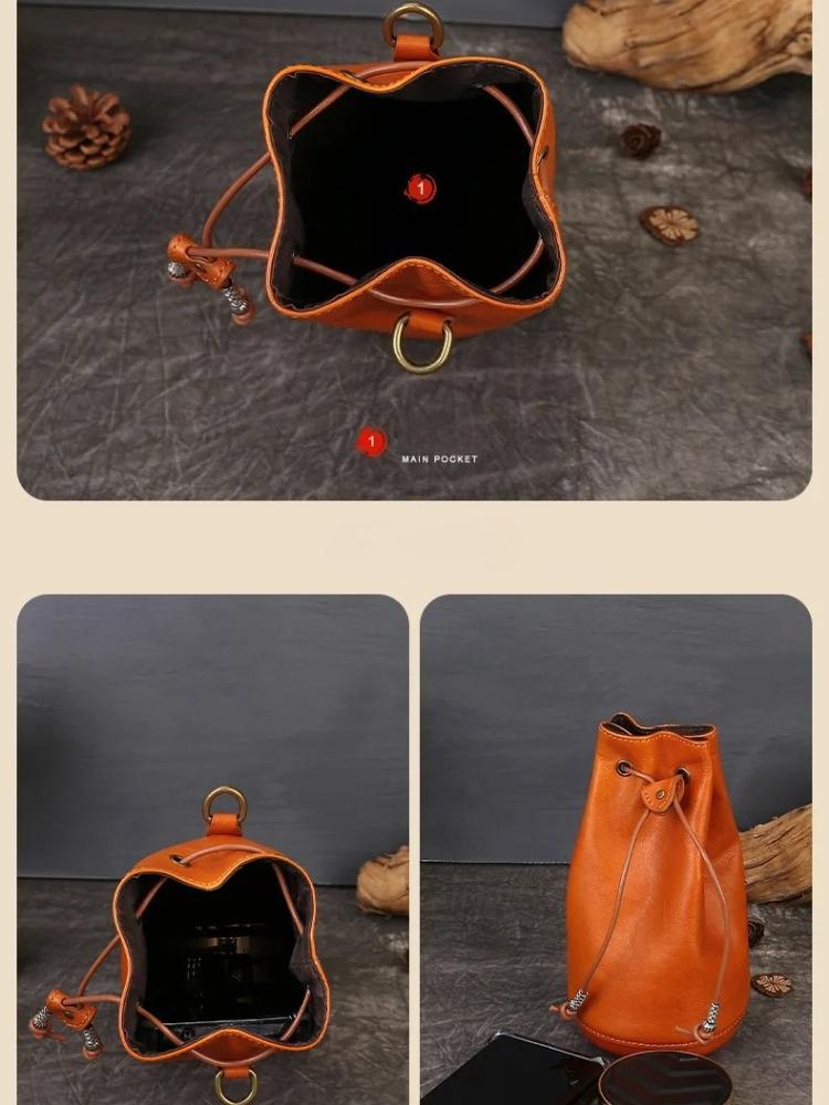 Johnature Geantă de umăr de damă din piele naturală lucrată manual, geantă crossbody retro cu șnur, mini geantă tip găleată de mână