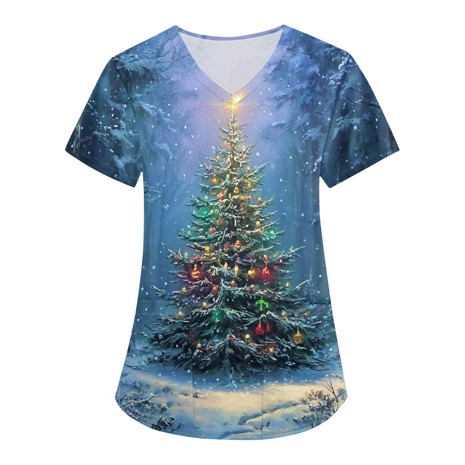 

Women s Christmas Print Loose V-Neck Pocket Short-Sleeved Uniform XXL