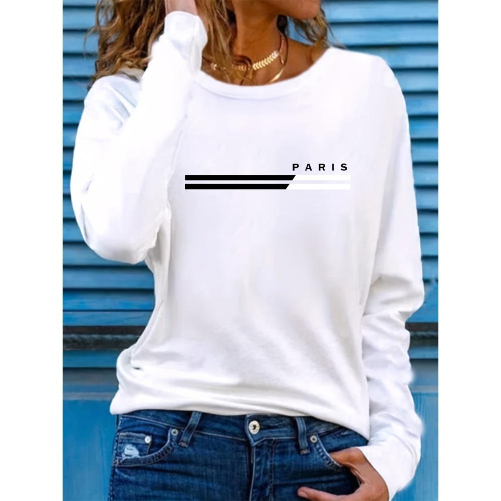 Women's Spring and Autumn Comfortable Casual Fashion Long Sleeve Paris Letter Printed Round Neck T-shirt