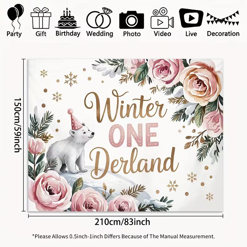 Winter Onederland Tapestry, Polar Bear Floral Background Cloth, 1st Birthday Decor