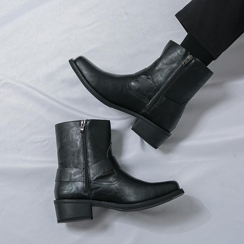 Men's Leather Chunky-Heeled Ankle Boots  Side Zipper Outdoor Casual Walking Boot  Anti-Slip Business Boots For Autumn And Winter