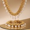 Bestselling Gold Band Chain Pearl Pendant Stainless Steel Necklace & Bracelet Set - Vintage Fashion Collarbone Jewelry