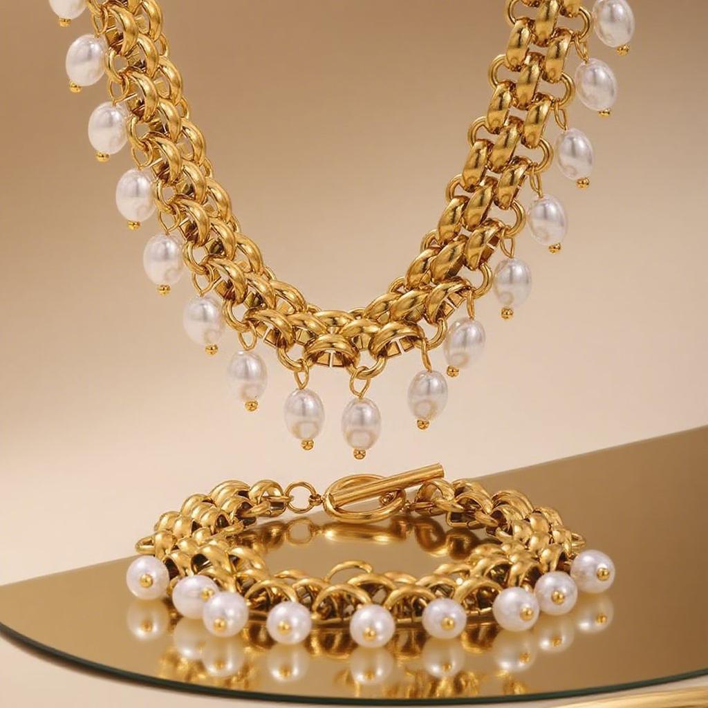 Bestselling Gold Band Chain Pearl Pendant Stainless Steel Necklace & Bracelet Set - Vintage Fashion Collarbone Jewelry