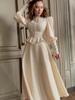 Elegant European and American Long Sleeve Tie-Up Off-White Dress