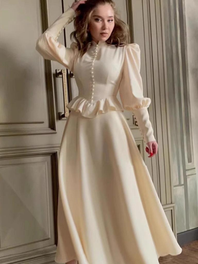 Elegant Europeisk och Amerikansk Långärmad Knytbar Off-White Klänning