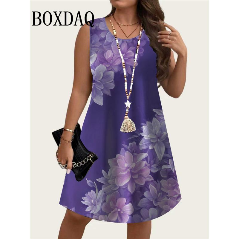 Tie Dye Purple Flowers 3D Printed Dresses For Summer 2026 Women Sundress Loose Sleeveless Dress Casual Retro Plus Size Dress 6XL