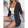 Women Casual European Style Solid Hollow Out Mid Length Elbow Sleeve Knit Cardigan