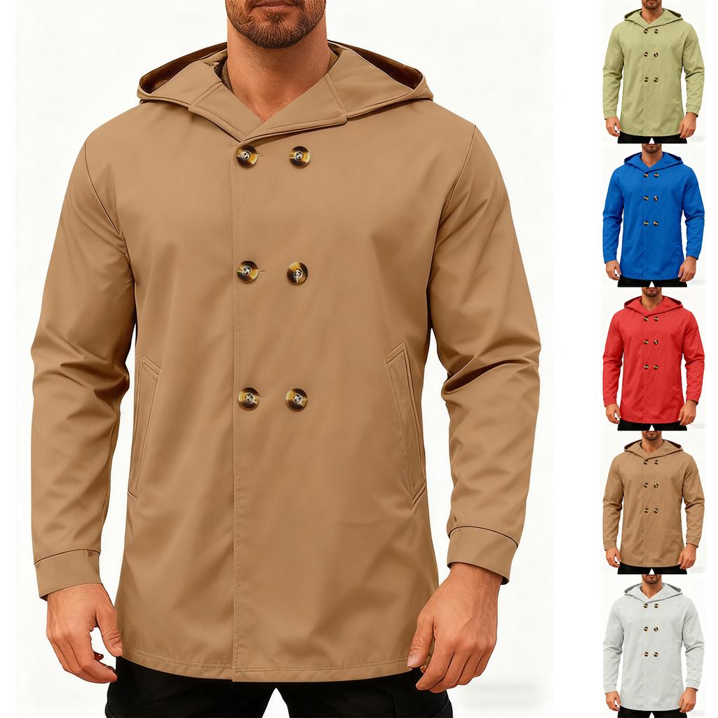 Men's Hooded  Mid Length Trench Coat Hoodie Jacket Double Breasted Suit Casual Windbreaker Outwear