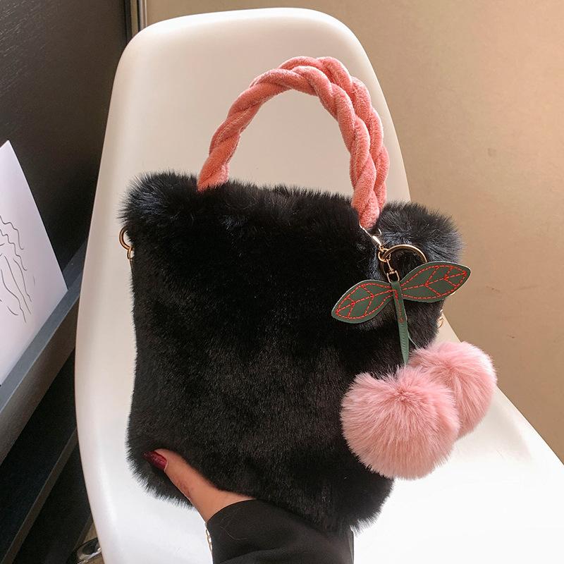 Cute Cherry Girl Plush Handbag Bag for Women Korean New Autumn and Winter Fur One-shoulder Crossbody Bag for Women