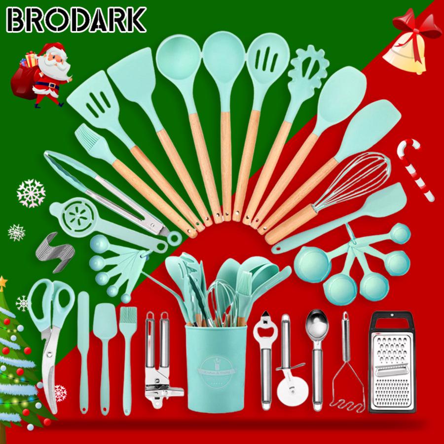 44-Piece Silicone & Wood Handle Kitchenware Set - Non-stick Cooking Spatula, Soup Ladle, and Tableware Tools