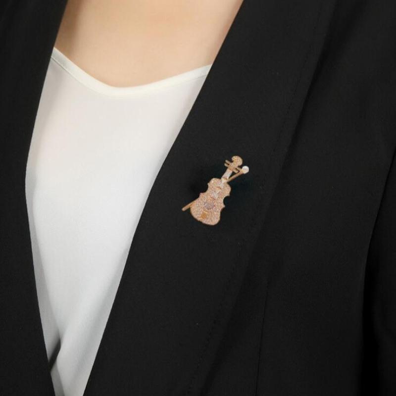 Shinny Crystal Violin Pearl Brooch for Women Exquisite Music Accessories Clothing Decoration Brooches Pins