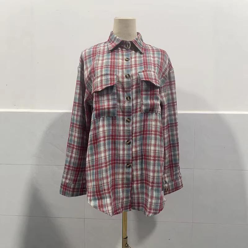 2025 Women's Cross-Border European and American Loose Plaid Pocket Shirt - Autumn/Winter Casual Fashion.