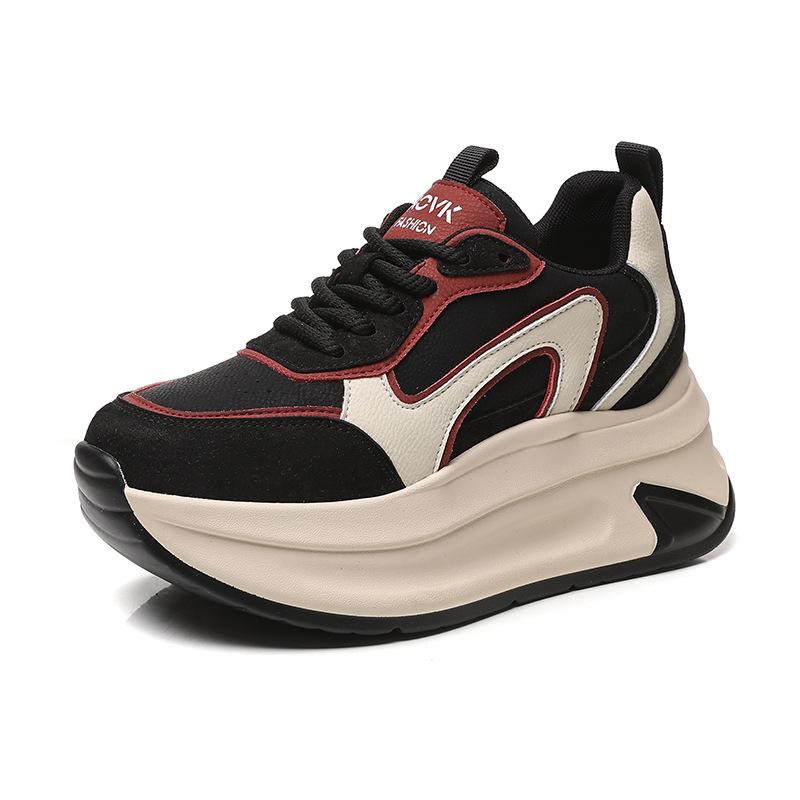 

New Women Casual Skateboard Shoes 7CM Heels Suede Leather High Platform Sneakers for Women Autumn Versatile Sports Chunky Shoes 40 чёрный