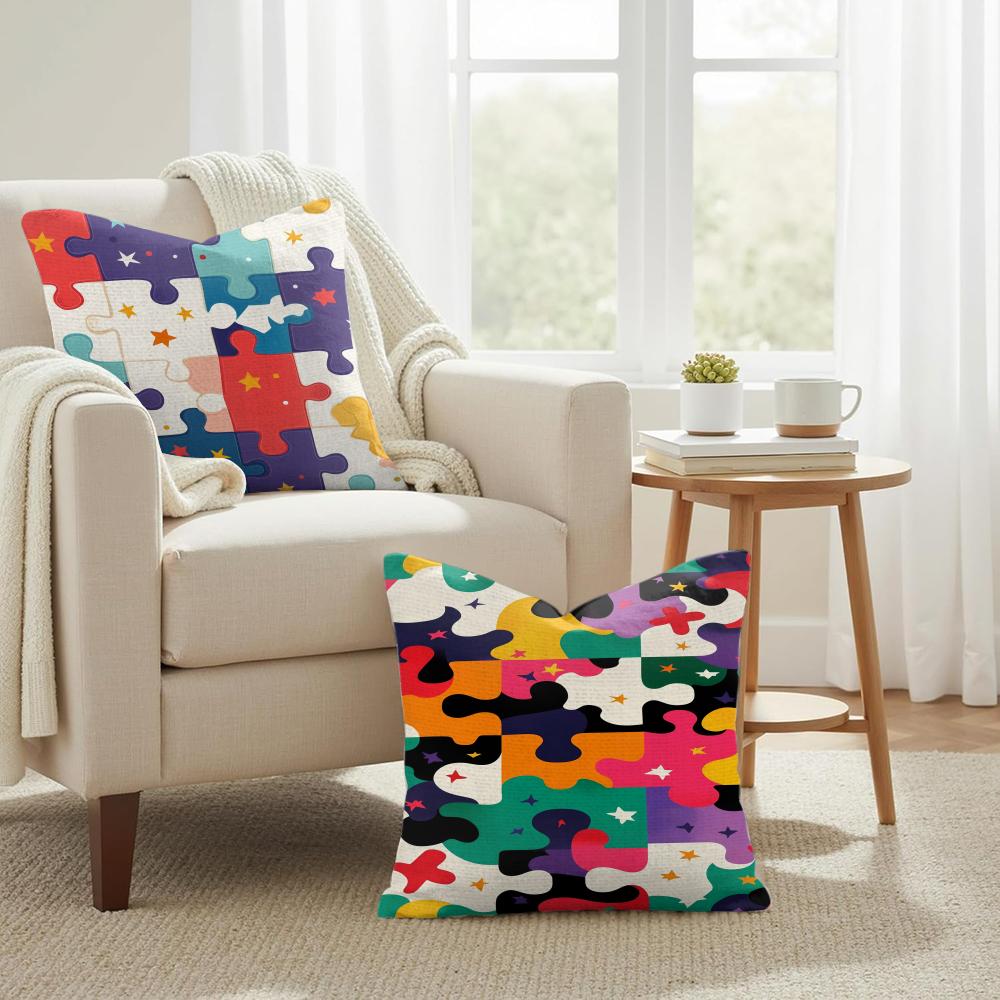 Fun puzzle patterns Cushion Cover Natural Linen Organic Fabric DoubleSided Printing Couch Pillow Covers Home Decor