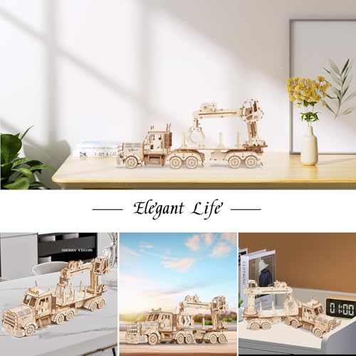 Hallisun 3D Wooden Puzzle, Truck Crane, 3D Puzzle, Wood Puzzle, Car, Moving Wooden Car, Mechanical Craft, DIY, Adult, Birthday, Assembly Kit, 3D Puzzl