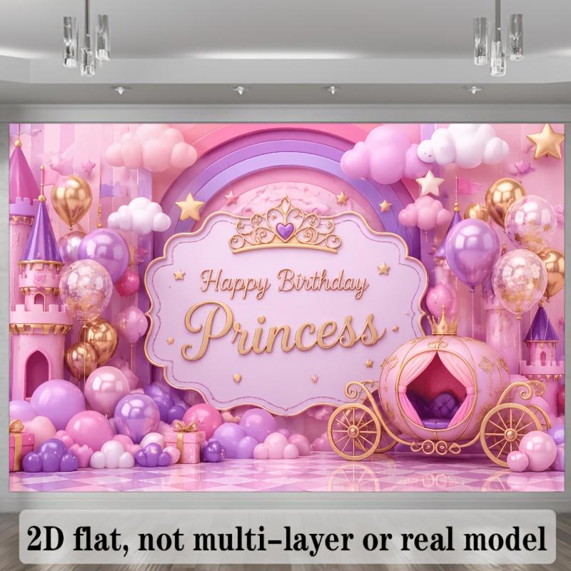 2D plane Princess birthday background fabric, combined with pink castle, pumpkin carriage and various balloons