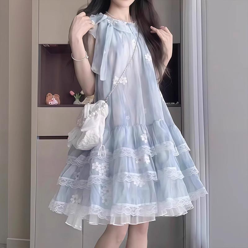 Girls French Floral Tulle Dress Elegant A Line Princess Skirt for Big Kids Sweet Summer Party Gown