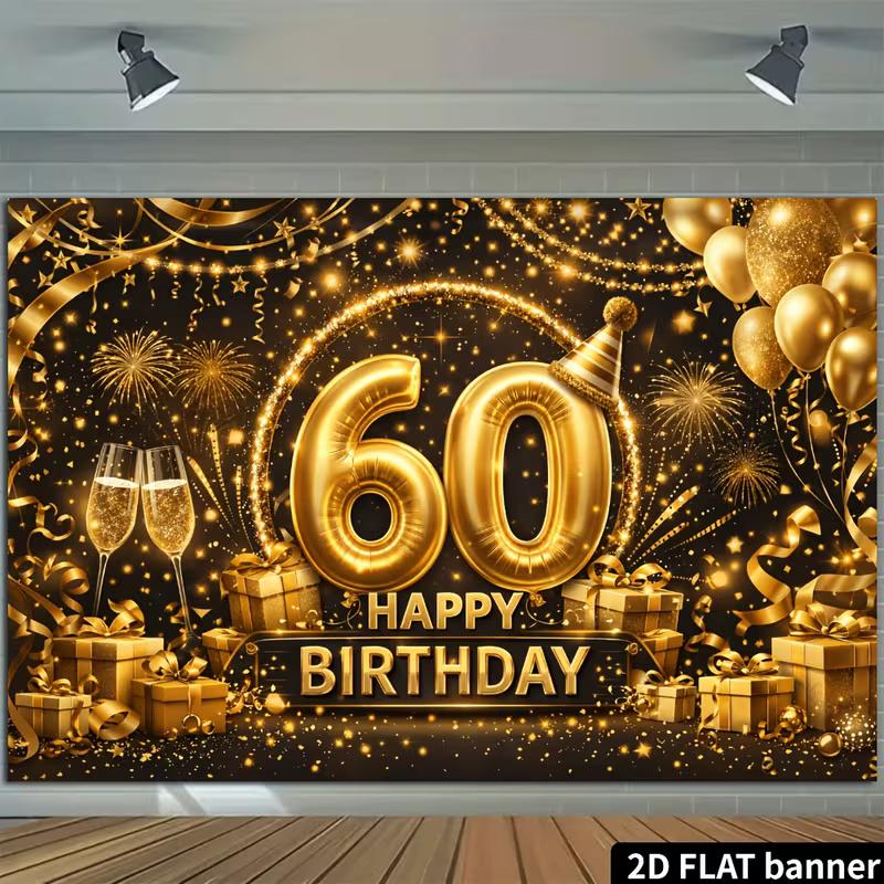 2D 60th Birthday Backdrop Black Gold Balloon and Gift Box Photography Background