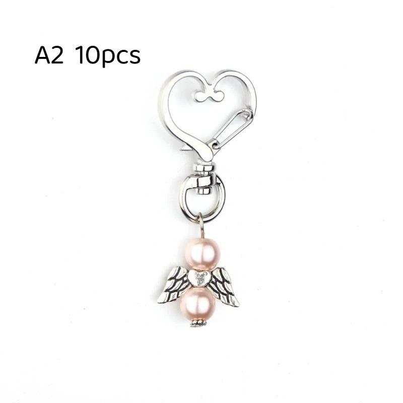 10Pcs Guardian Angel Key Rings 6cm Cute Angel Wing Heart Keychains White Pink Blue Alloy for Family Member Small Gift