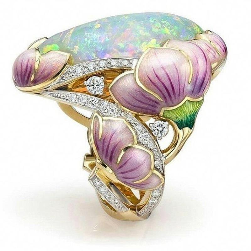 Anillo Floral Delicado de Moda Color Dorado Lavanda Fucsia Loto Esmalte Corte Oval Piedra de Fuego Anillos de Compromiso Nupciales Para Mujeres