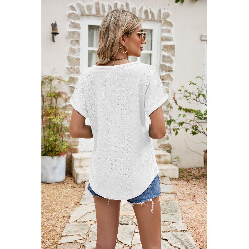 2026 Summer New Hollow-Out Round Neck Short Sleeve Women's Casual Solid Color T-Shirt