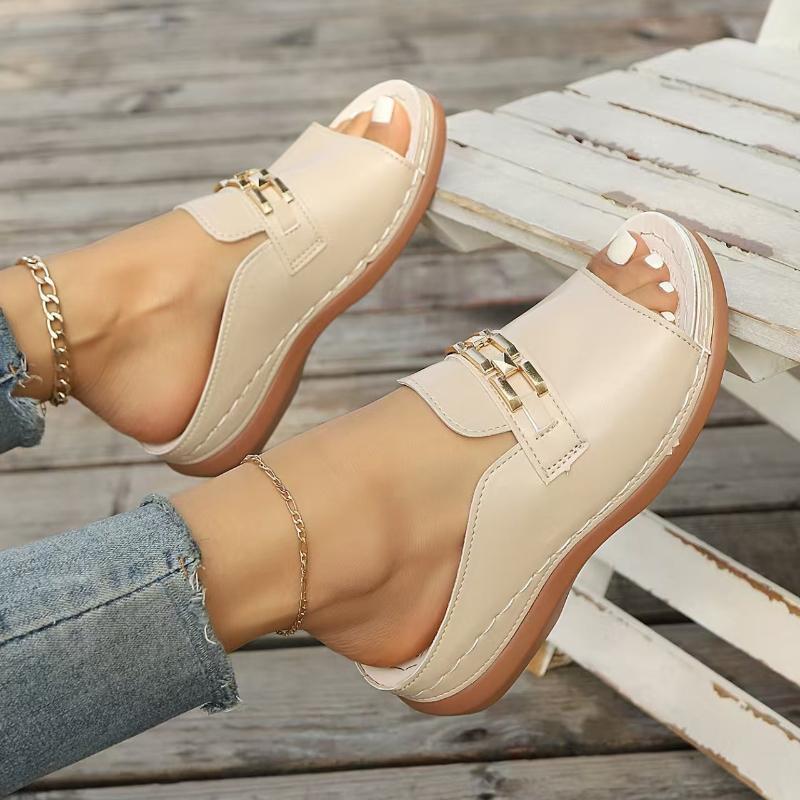 Damenmode Bedruckte Schuhe, Plateau-Keilabsatz-Slipper mit Schnallenverzierung, Schlupf-Hausschuhe, Damen-Außenschuhe