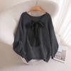 Women Loose V Neck Bow Thick Knitted Casual Sweater Outerwear