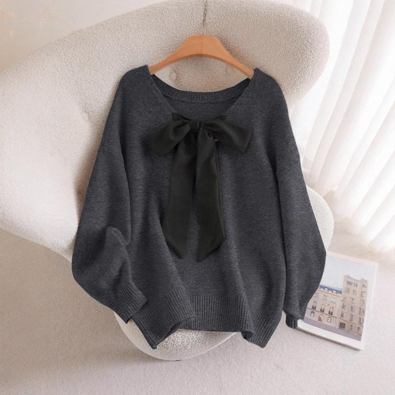 Women Loose V Neck Bow Thick Knitted Casual Sweater Outerwear