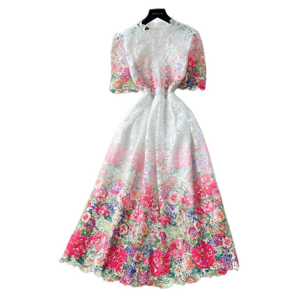 Light luxury French high sense gradual change color printing dress women's summer heavy industry hollow hook flower royal sister temperament dress