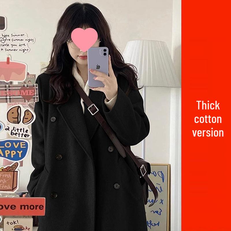 Korean Style Black Woolen Mid-Length Coat for Petite Women - 2025 Winter Edition